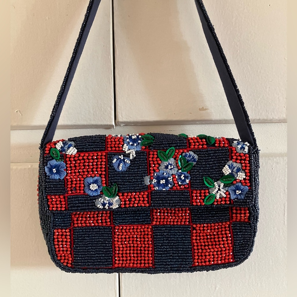 Anthropologie Fiona Beaded Bag Purse - NWOT - Red Navy Floral Checkered Print